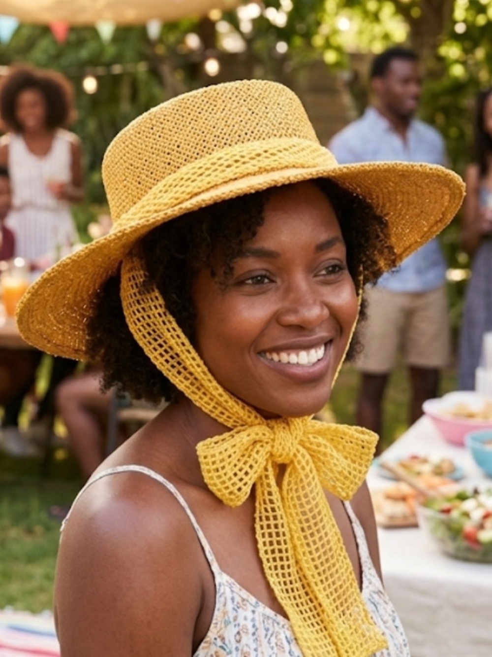 Betmar Yellow Gold Woven Straw Sun Hat with Knit Scarf Band and Chin Tie NWOT